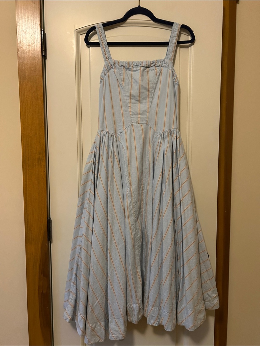 Free People Light Blue and Orange-Striped Midi Sundress. Pleating Detail